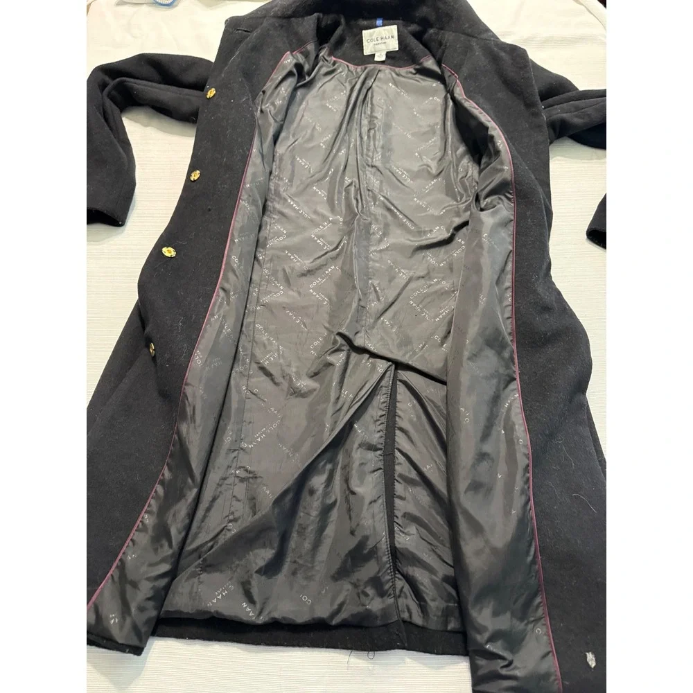 Cole Haan Signature Black Wool Blend Wing Collar Hidden Button Coat Womens 12